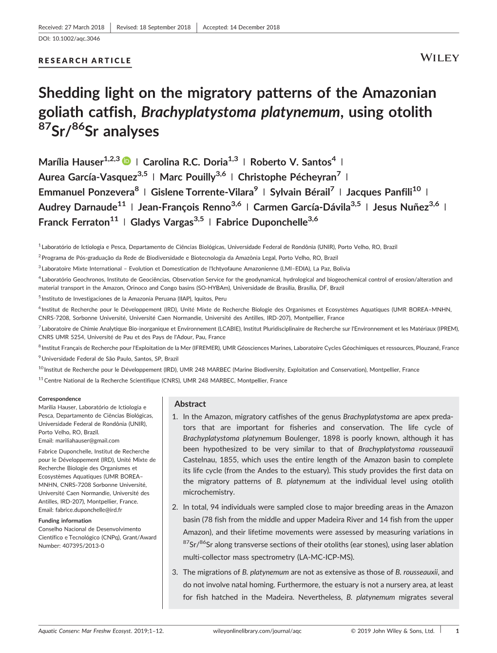 Shedding Light on the Migratory Patterns of the Amazonian Goliath Catfish, Brachyplatystoma Platynemum, Using Otolith 87Sr/86Sr Analyses