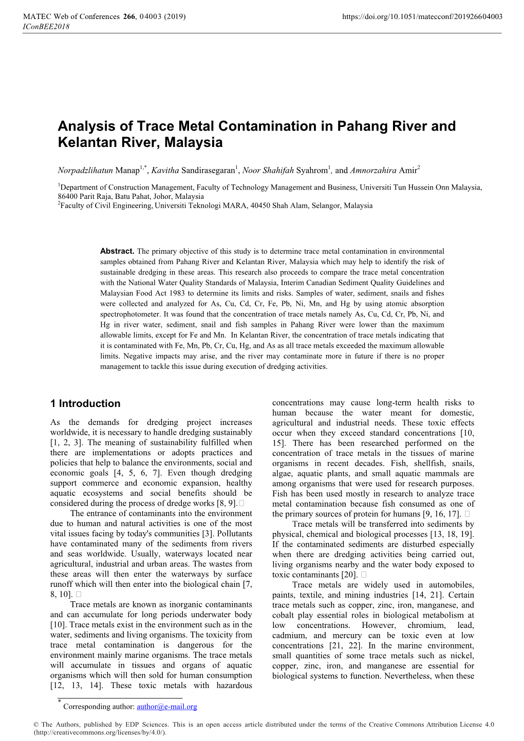 Analysis of Trace Metal Contamination in Pahang River and Kelantan River, Malaysia