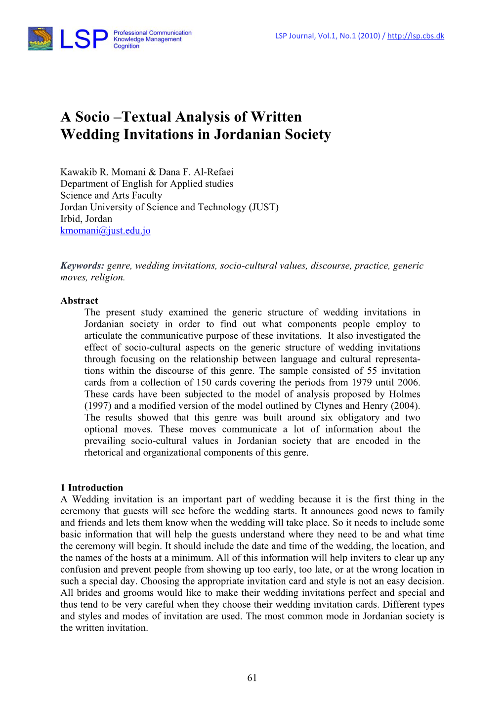 Textual Analysis of Written Wedding Invitations in Jordanian Society