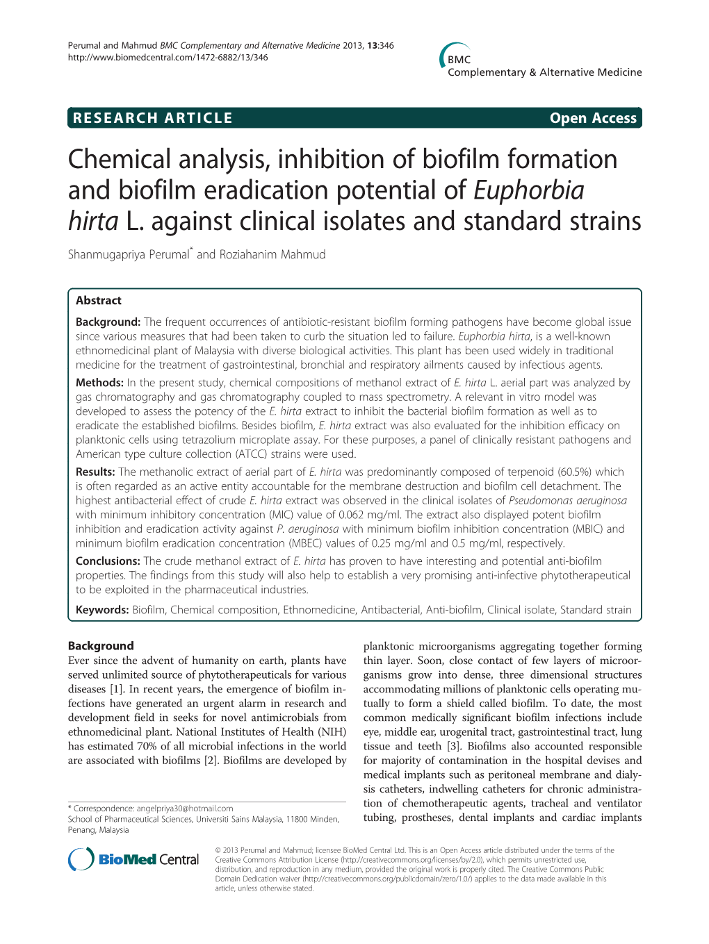 Chemical Analysis, Inhibition of Biofilm Formation and Biofilm Eradication Potential of Euphorbia Hirta L. Against Clinical Isol