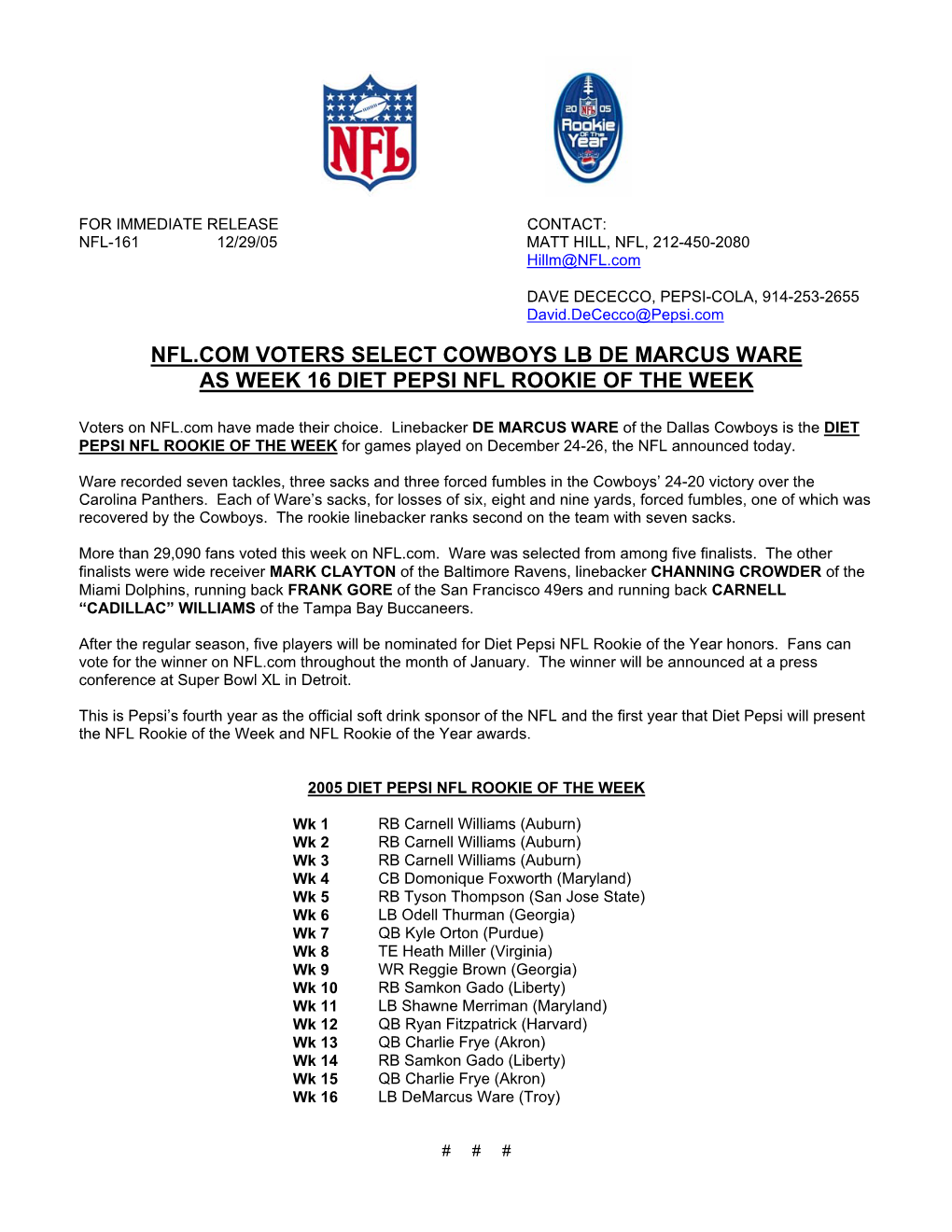 Nfl.Com Voters Select Cowboys Lb De Marcus Ware As Week 16 Diet Pepsi Nfl Rookie of the Week