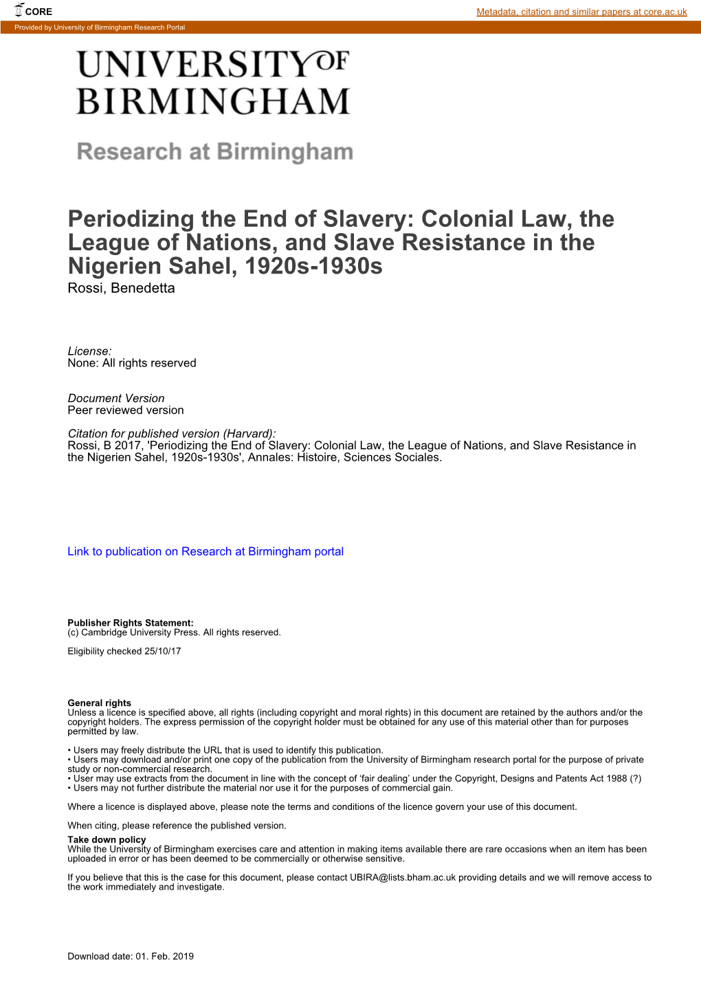 Colonial Law, the League of Nations, and Slave Resistance in the Nigerien Sahel, 1920S-1930S Rossi, Benedetta