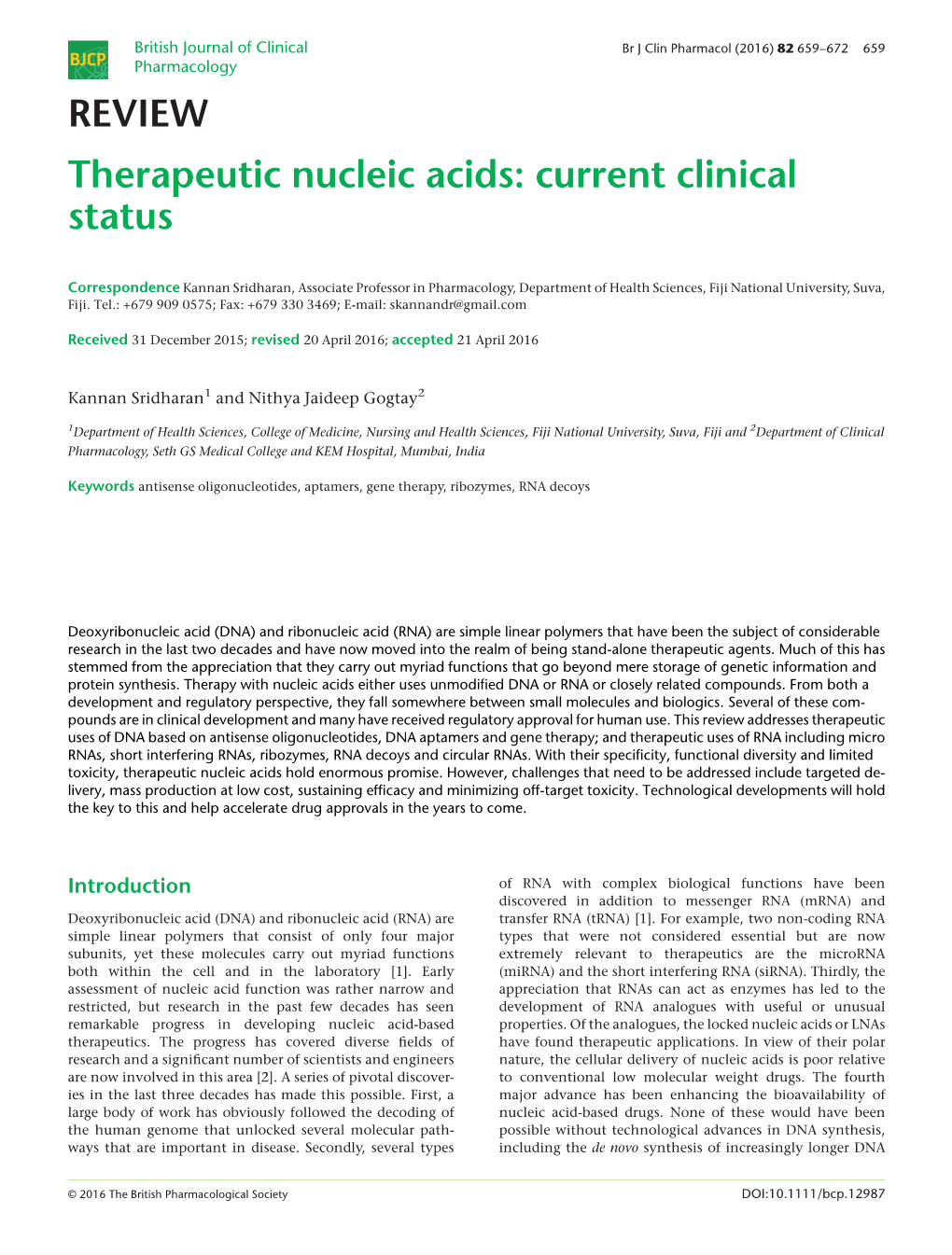 Therapeutic Nucleic Acids: Current Clinical Status