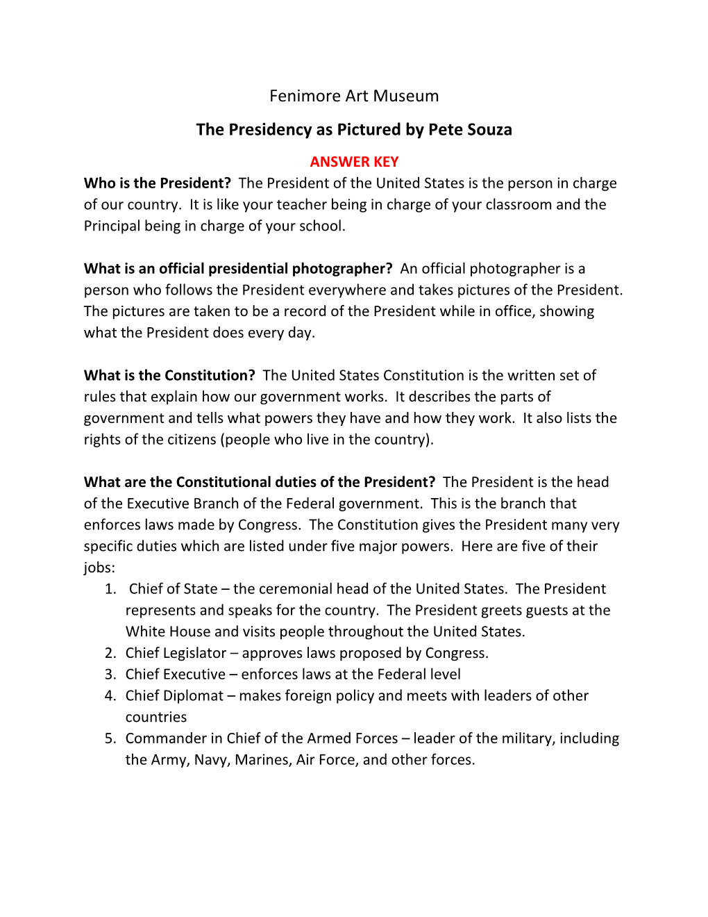 Pete Souza Elementary Activity Sheet Answer