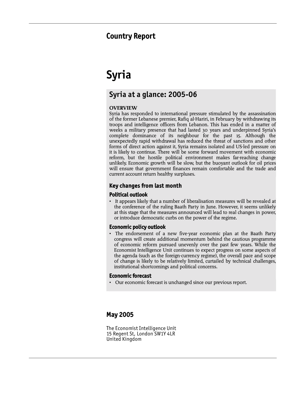Country Report Syria at a Glance: 2005-06