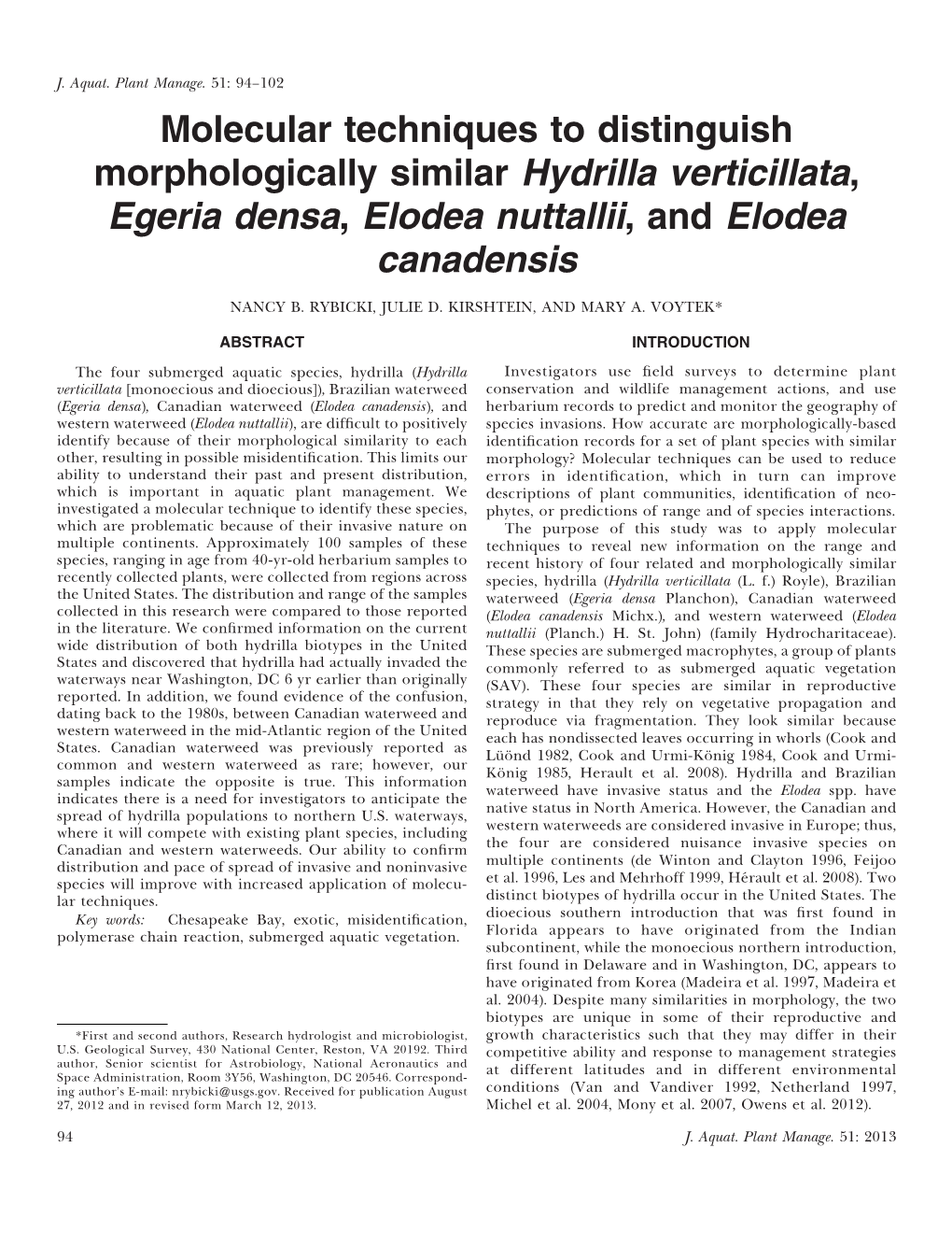 Molecular Techniques to Distinguish Morphologically Similar Hydrilla Verticillata, Egeria Densa, Elodea Nuttallii, and Elodea Canadensis