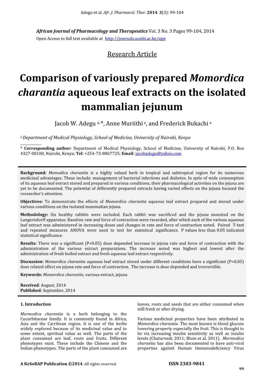 Comparison of Variously Prepared Momordica Charantia Aqueous Leaf Extracts on the Isolated Mammalian Jejunum