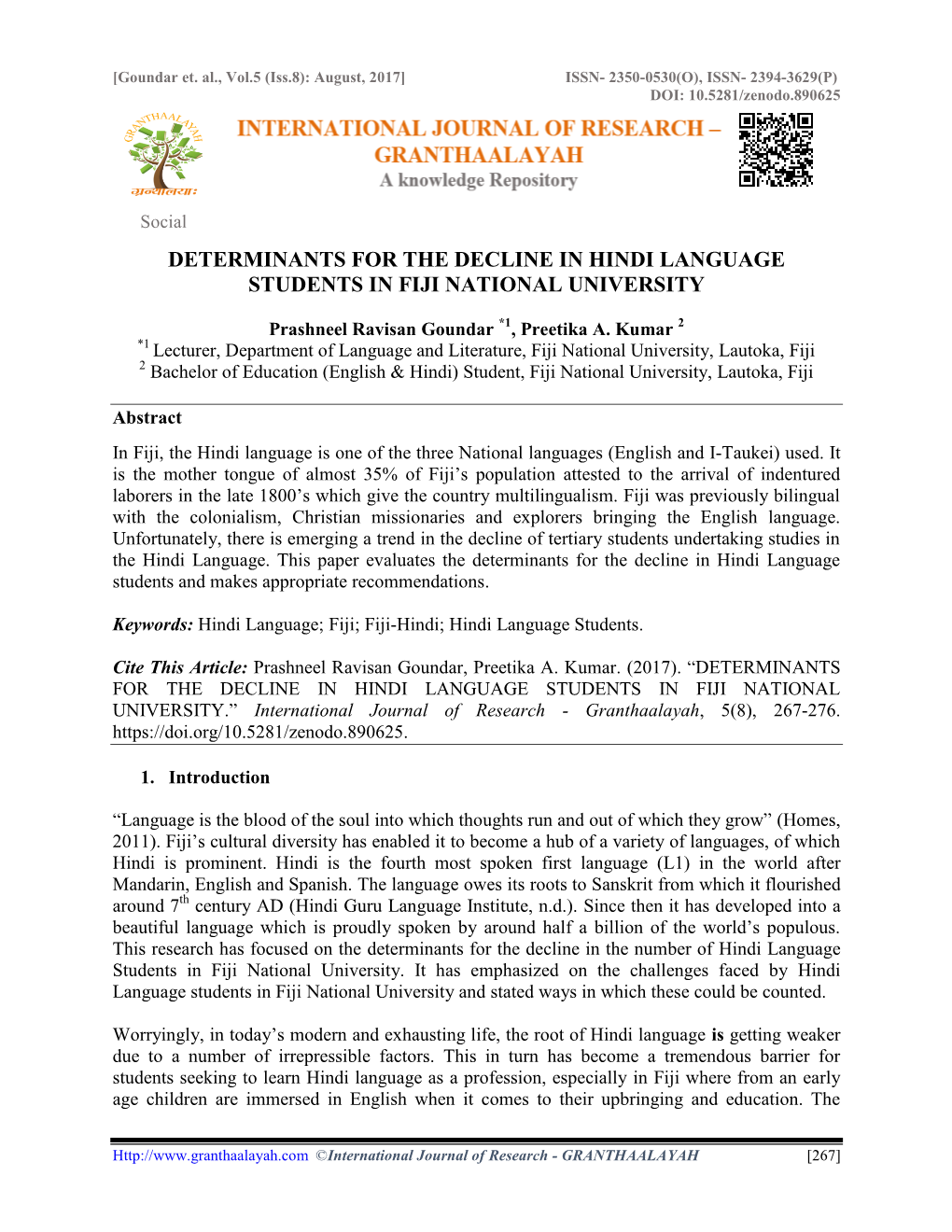 Determinants for the Decline in Hindi Language Students in Fiji National University