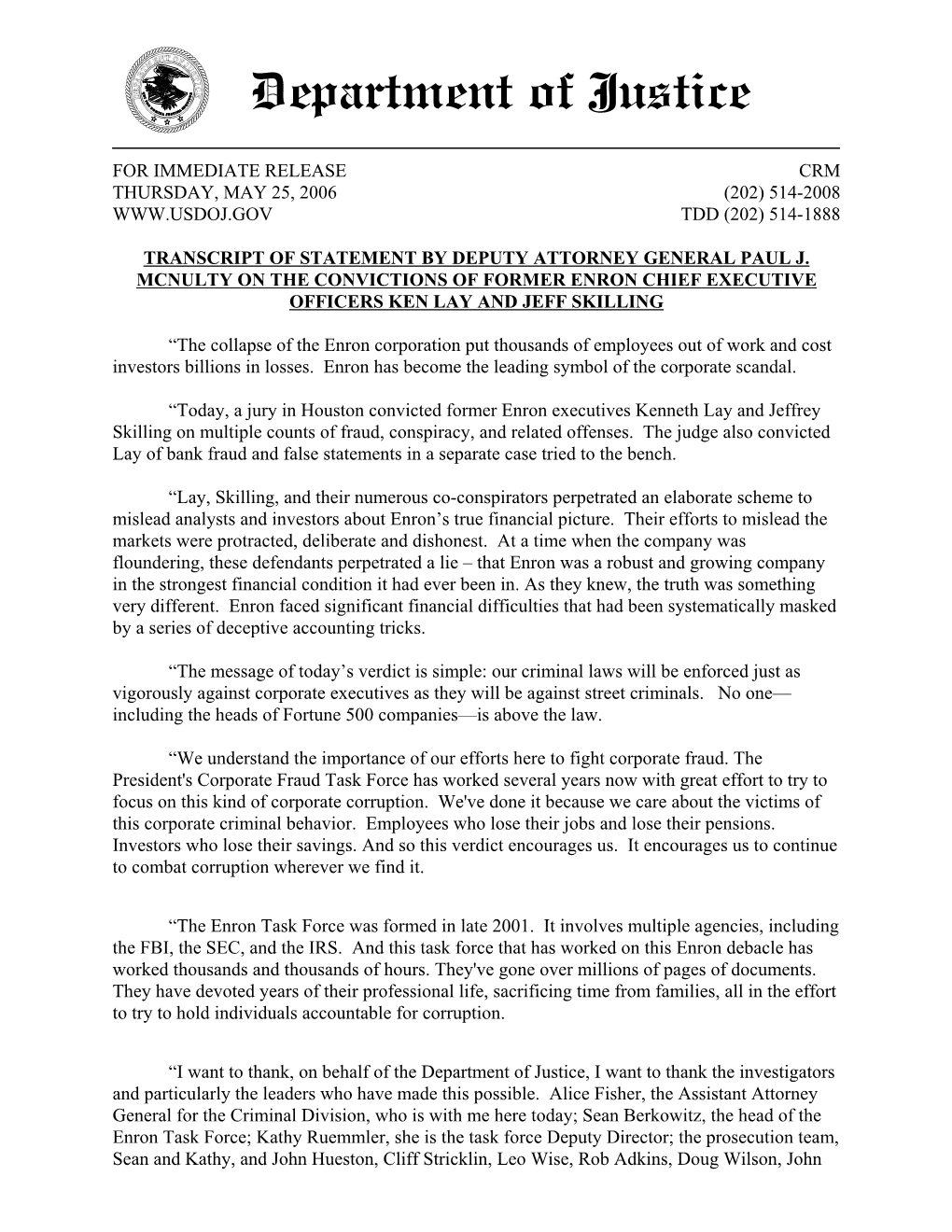 Transcript of Statement by Deputy Attorney General Paul J.Mcnulty On