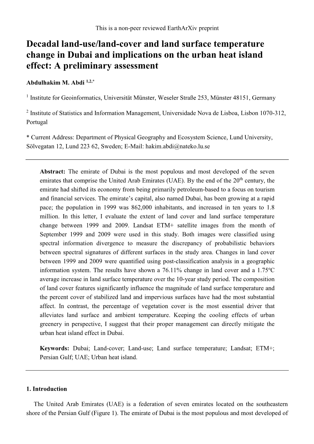 Decadal Land-Use/Land-Cover and Land Surface Temperature Change in Dubai and Implications on the Urban Heat Island Effect: a Preliminary Assessment