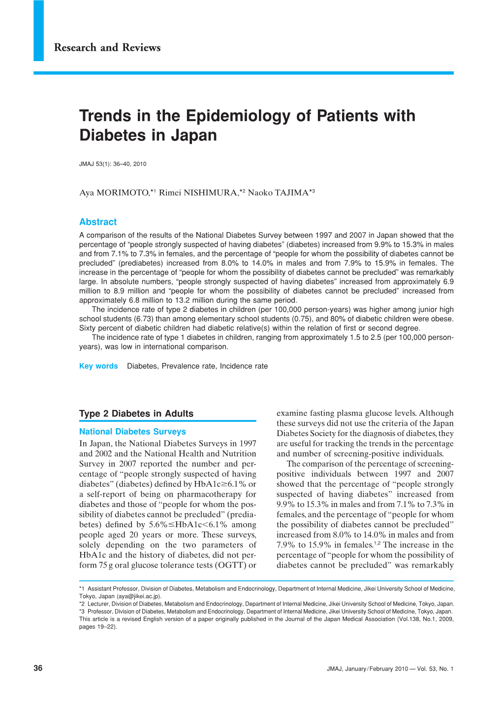 Trends in the Epidemiology of Patients with Diabetes in Japan
