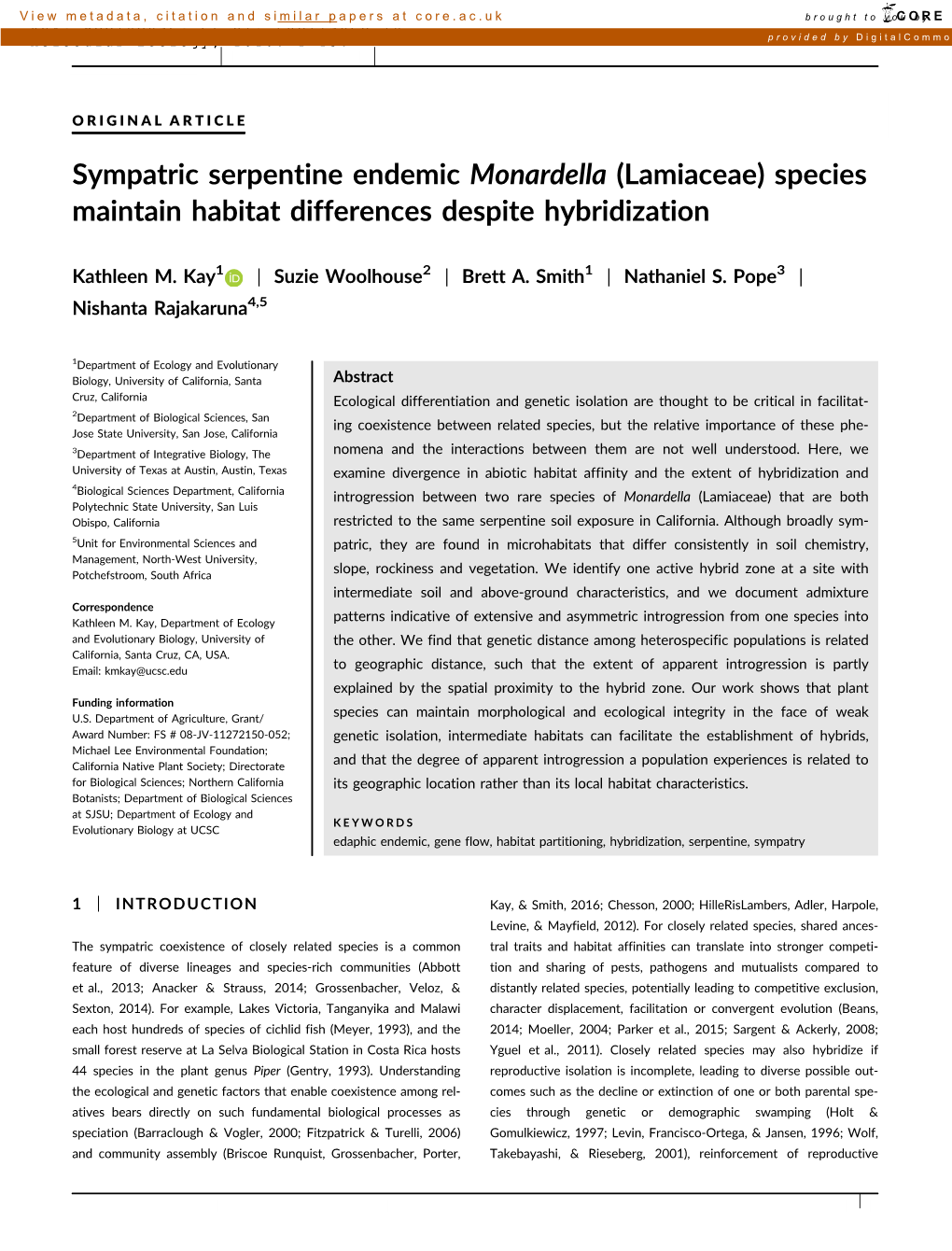 Lamiaceae) Species Maintain Habitat Differences Despite Hybridization