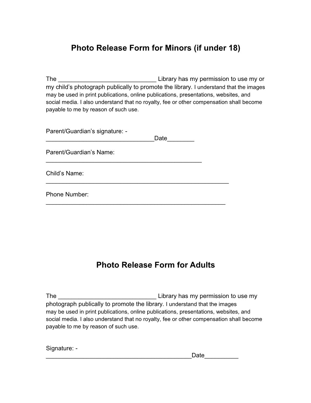 Photo Release Form For Minors & Photo Release Form For Adults
