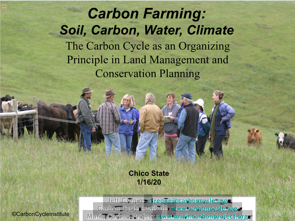 Carbon Farming: Soil, Carbon, Water, Climate the Carbon Cycle As an Organizing Principle in Land Management and Conservation Planning