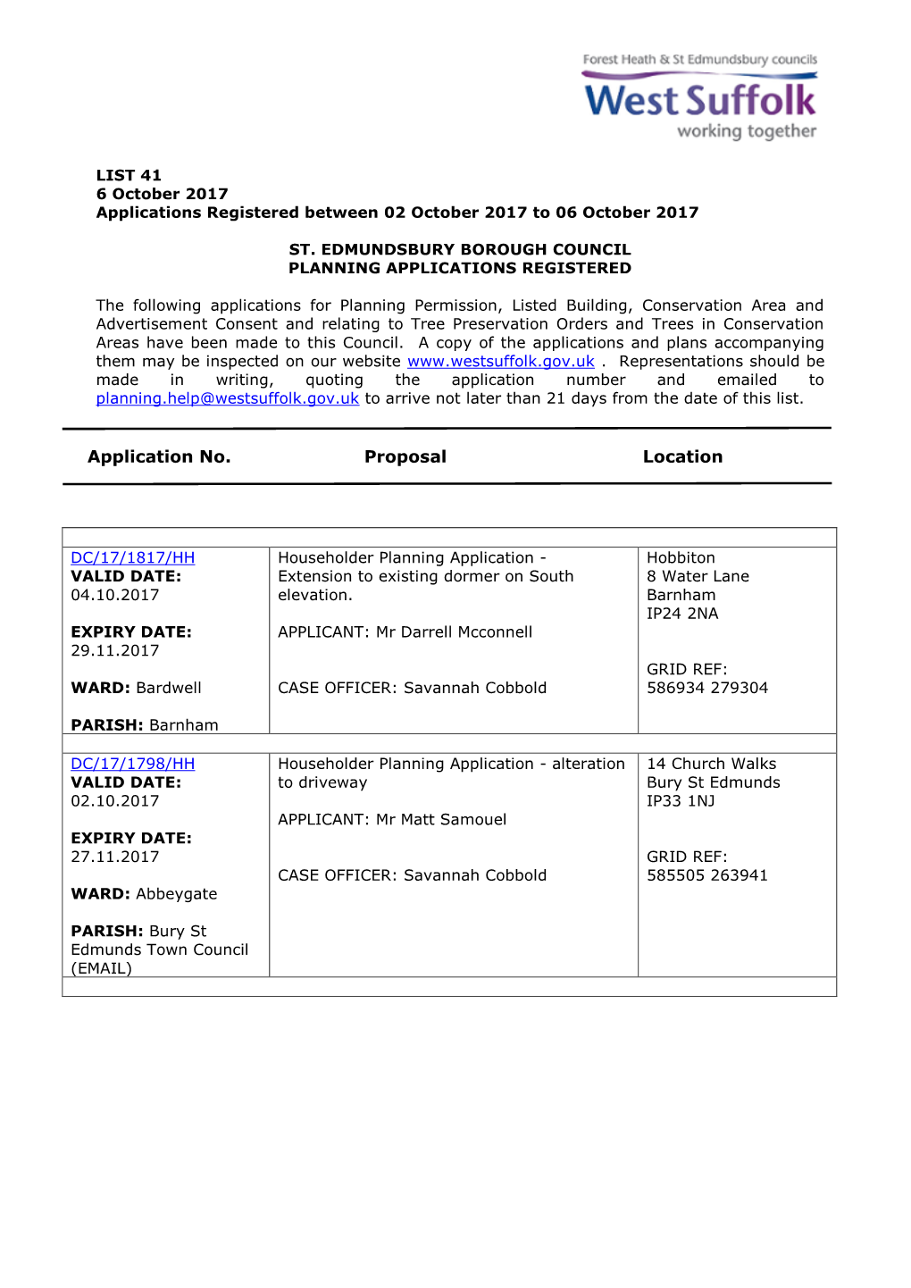 SEBC Planning Applications 41/17