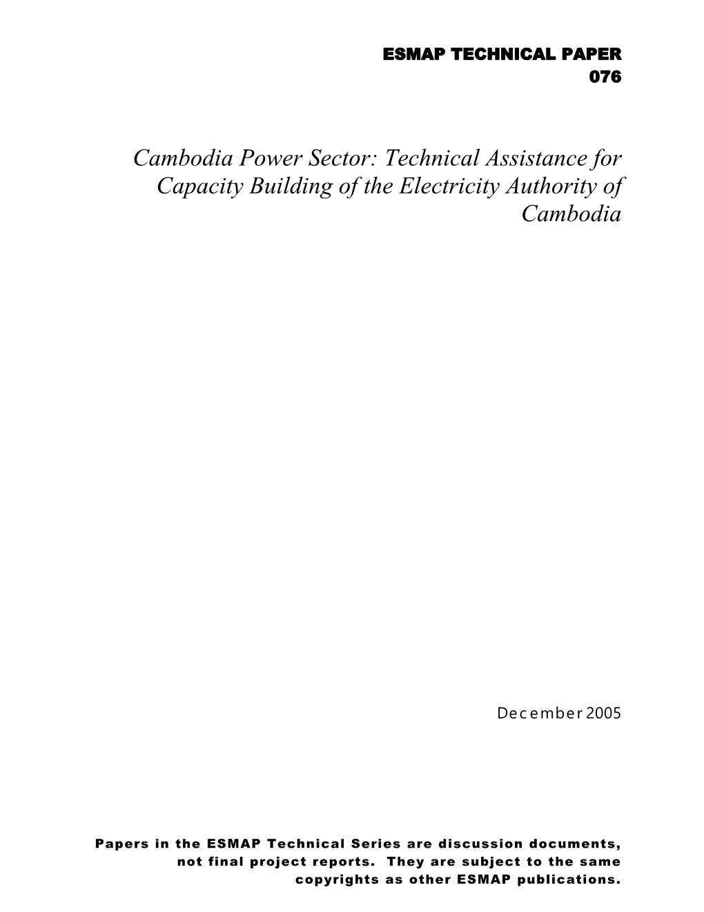 Cambodia Power Sector: Technical Assistance for Capacity Building of the Electricity Authority of Cambodia