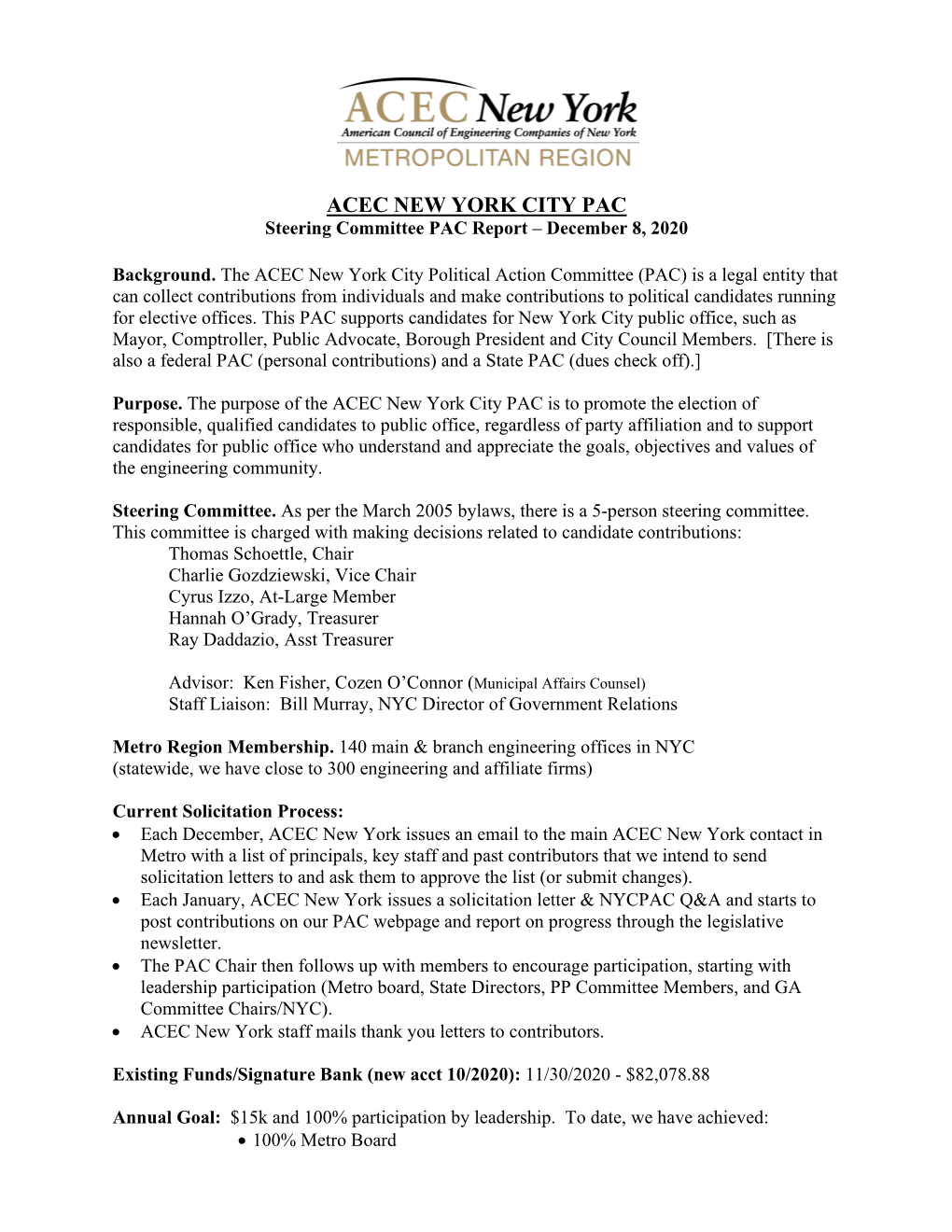 ACEC NEW YORK CITY PAC Steering Committee PAC Report – December 8, 2020