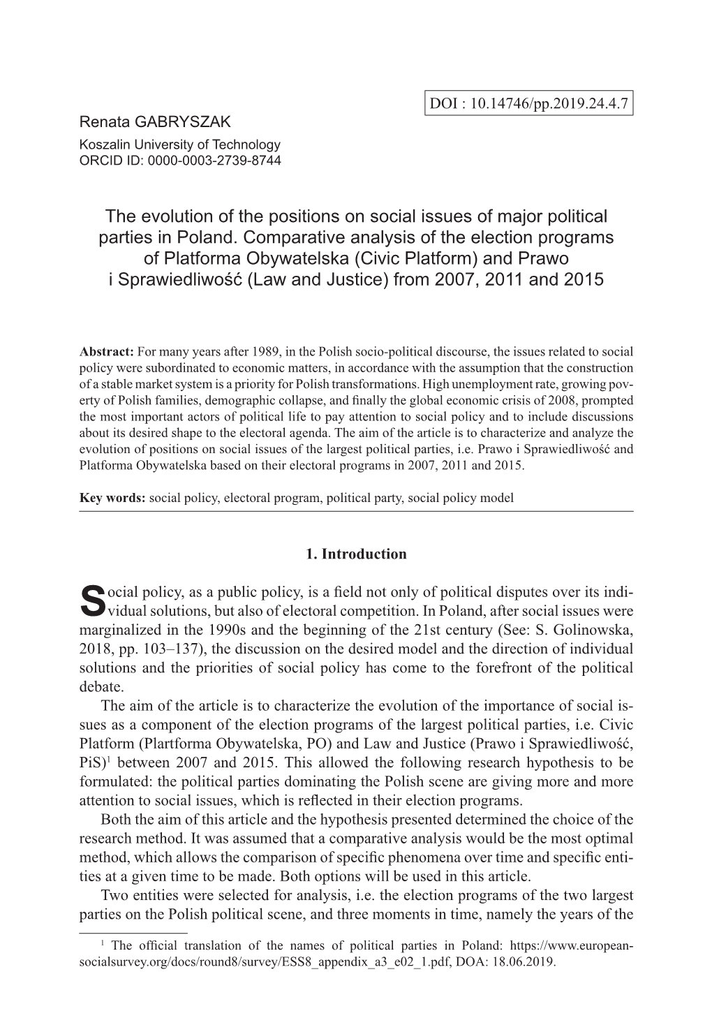 The Evolution of the Positions on Social Issues of Major Political Parties in Poland