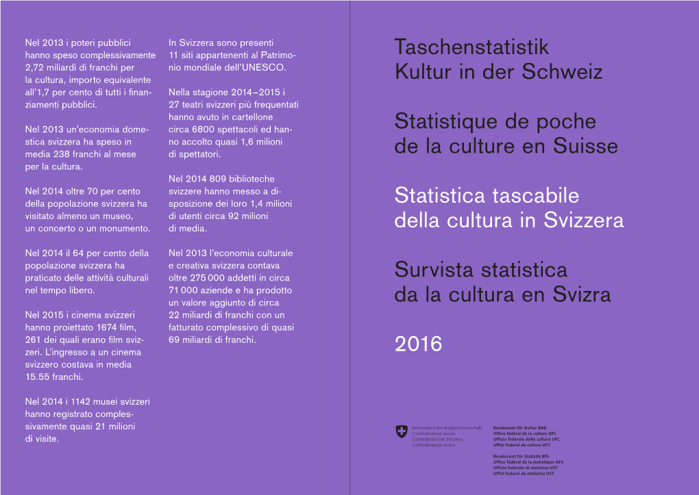 Statistica Tascabile Della Cultura in Svizzera 2016