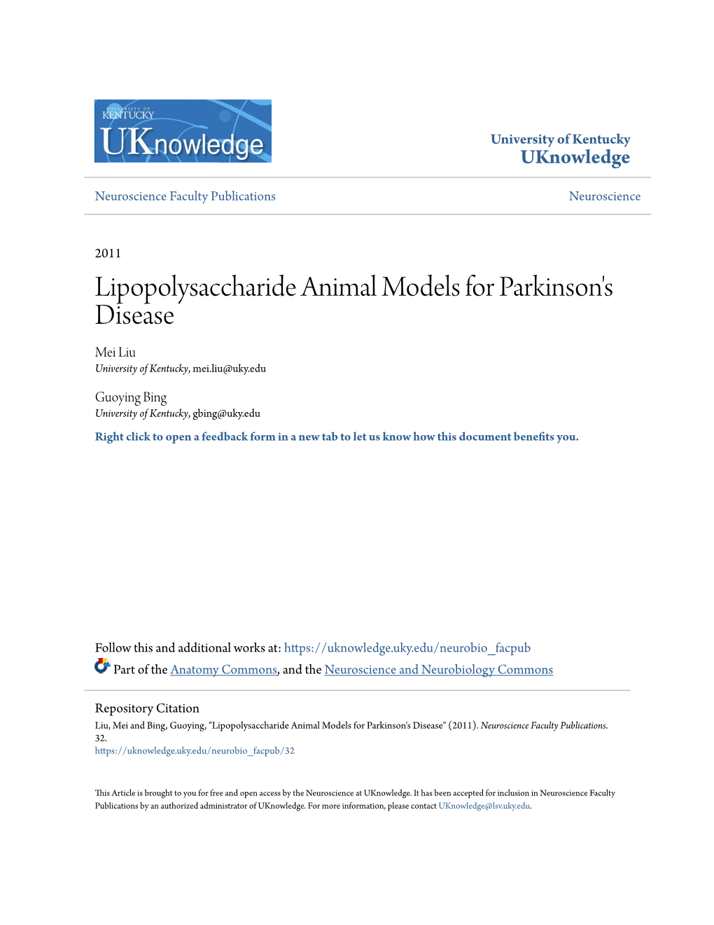 Lipopolysaccharide Animal Models for Parkinson's Disease Mei Liu University of Kentucky, Mei.Liu@Uky.Edu