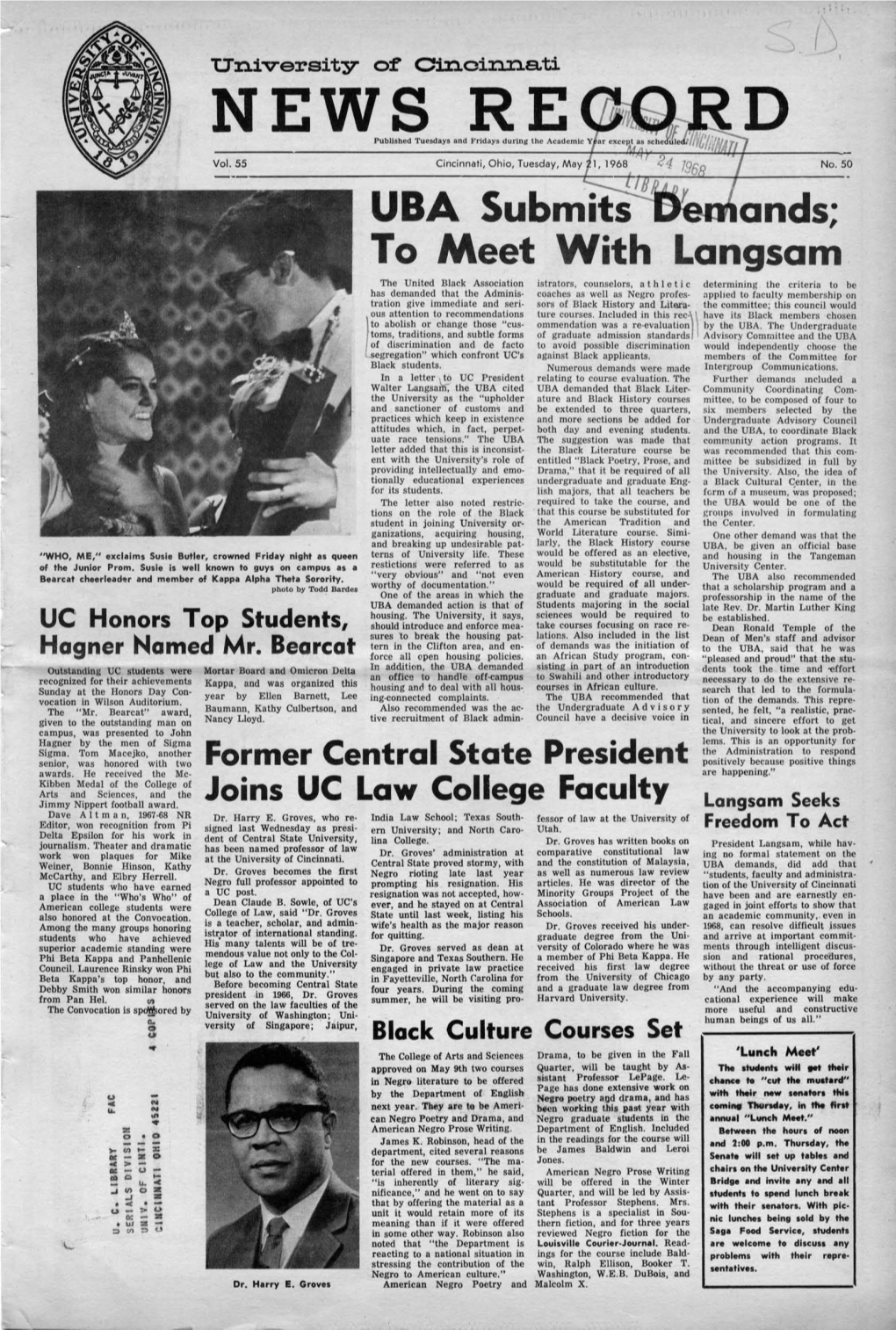 University of Cincinnati News Record. Tuesday, May 21, 1968. Vol. LV, No
