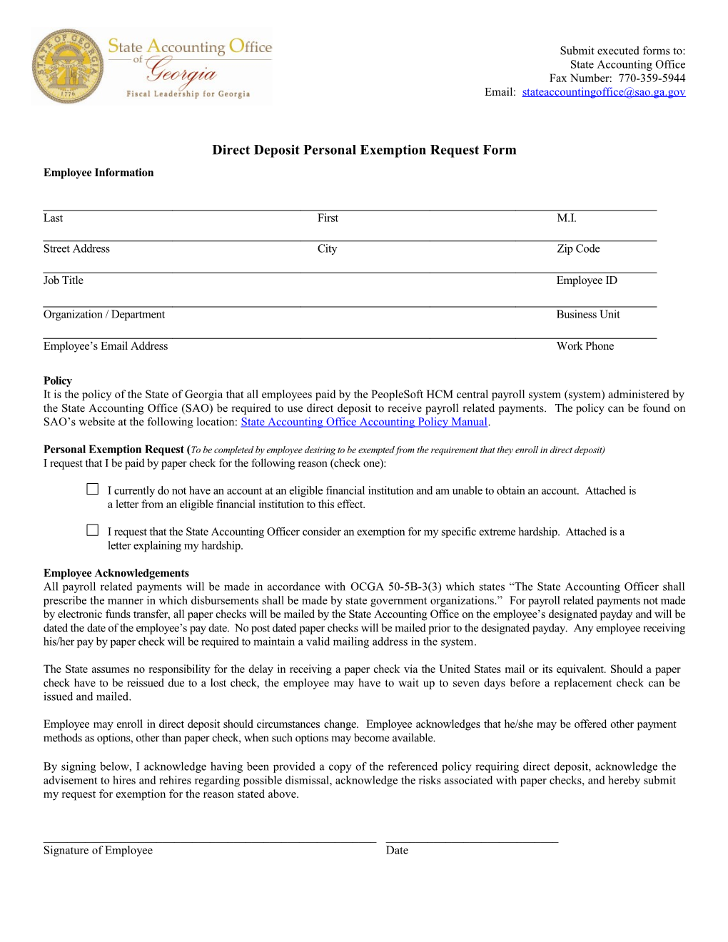 Direct Deposit Personal Exemption Request Form