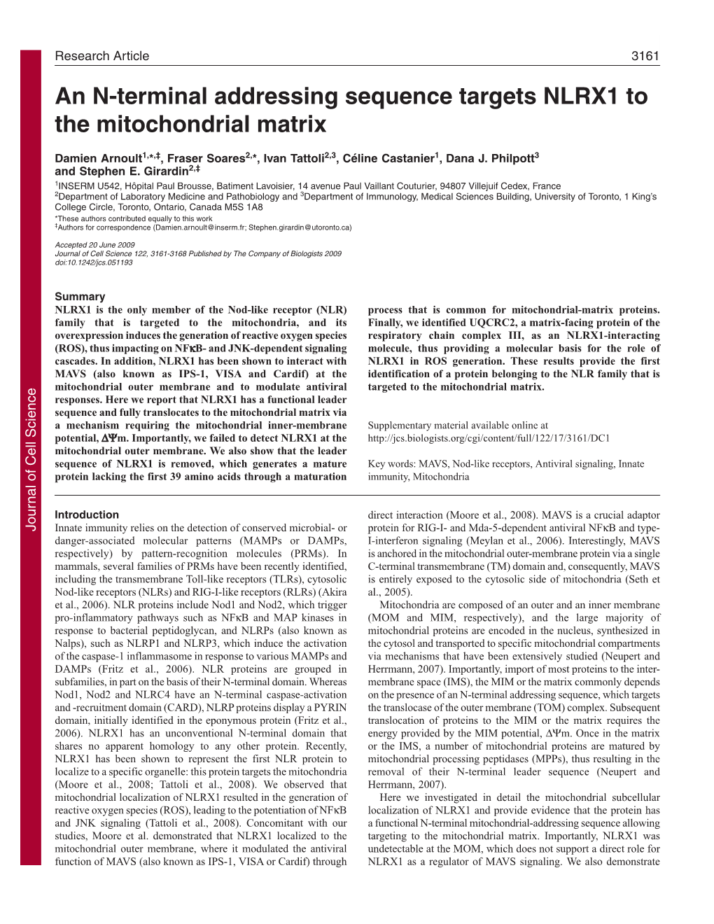 An N-Terminal Addressing Sequence Targets NLRX1 to the Mitochondrial Matrix