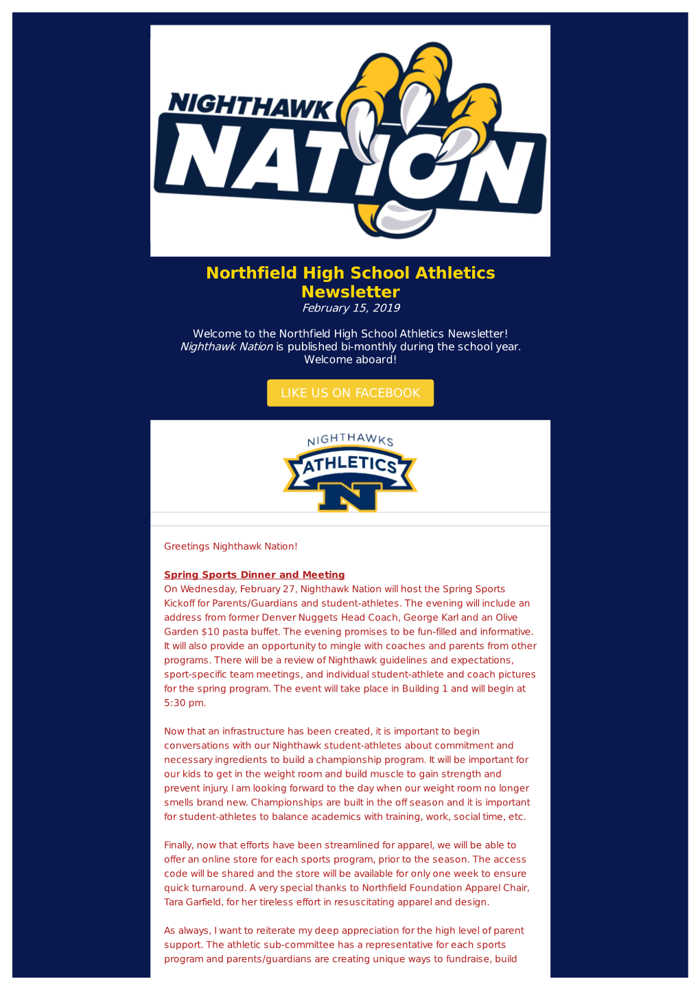 Northfield High School Athletics Newsletter February 15, 2019