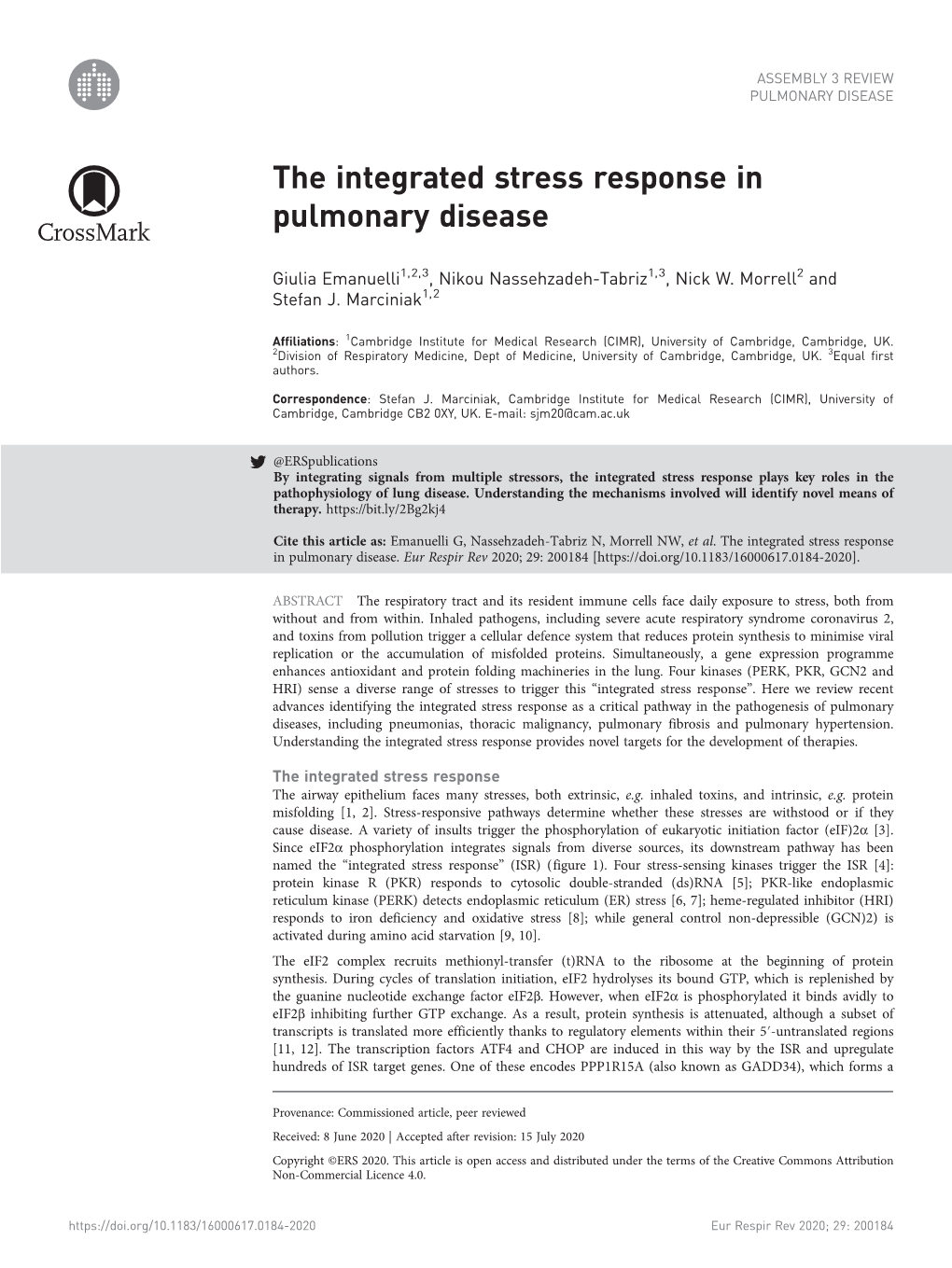 The Integrated Stress Response in Pulmonary Disease