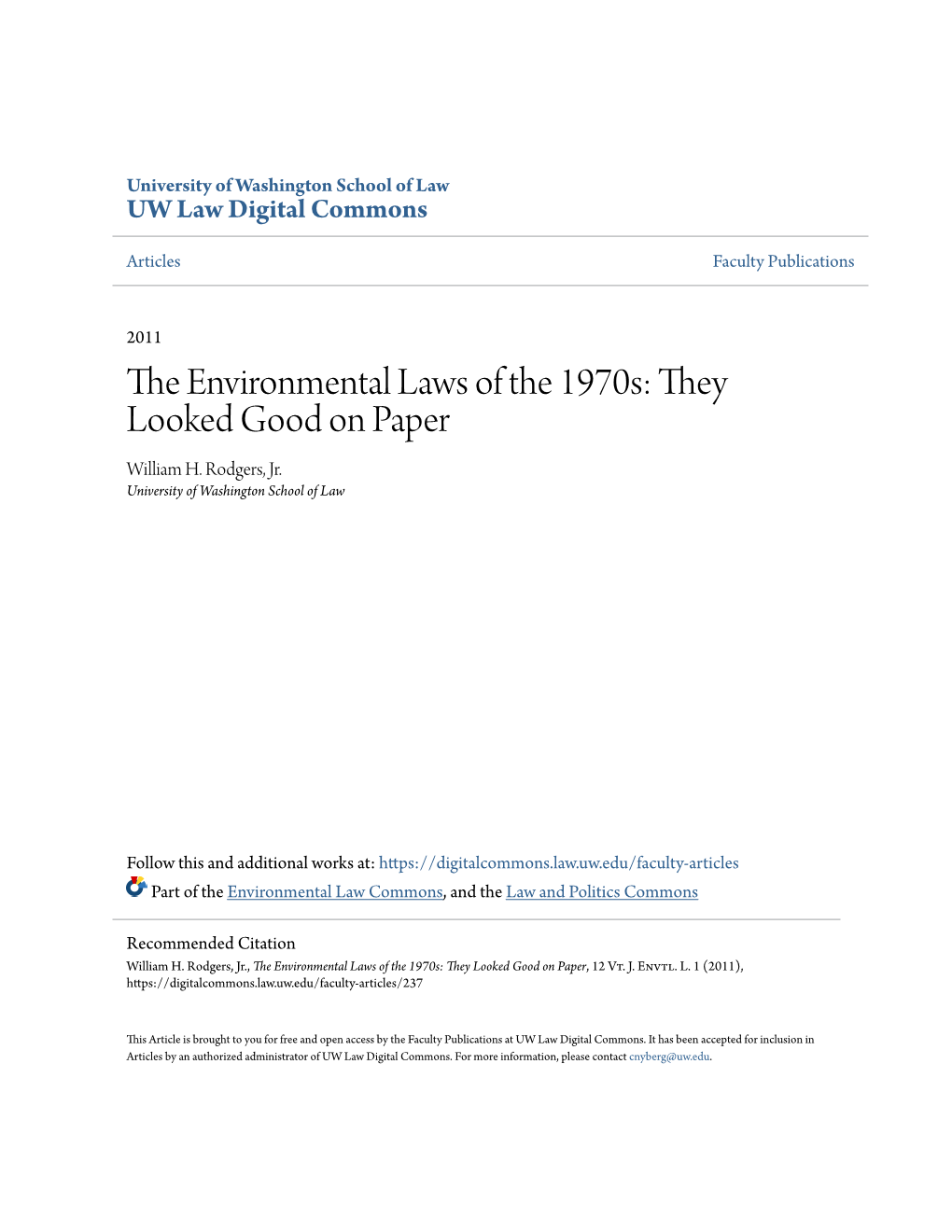 The Environmental Laws of the 1970S: They Looked Good on Paper, 12 Vt