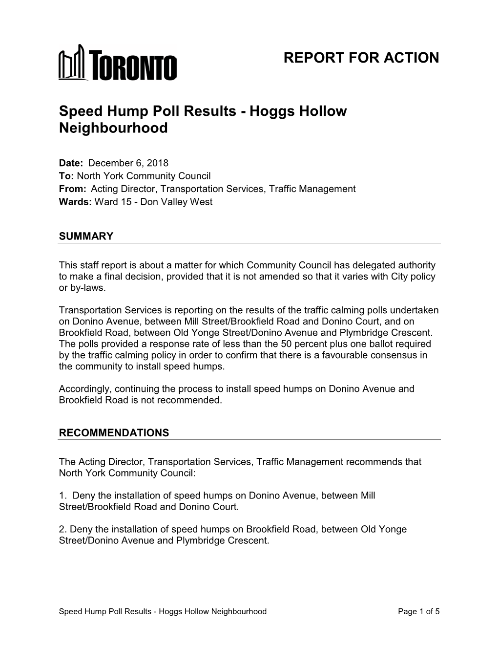 Speed Hump Poll Results - Hoggs Hollow Neighbourhood