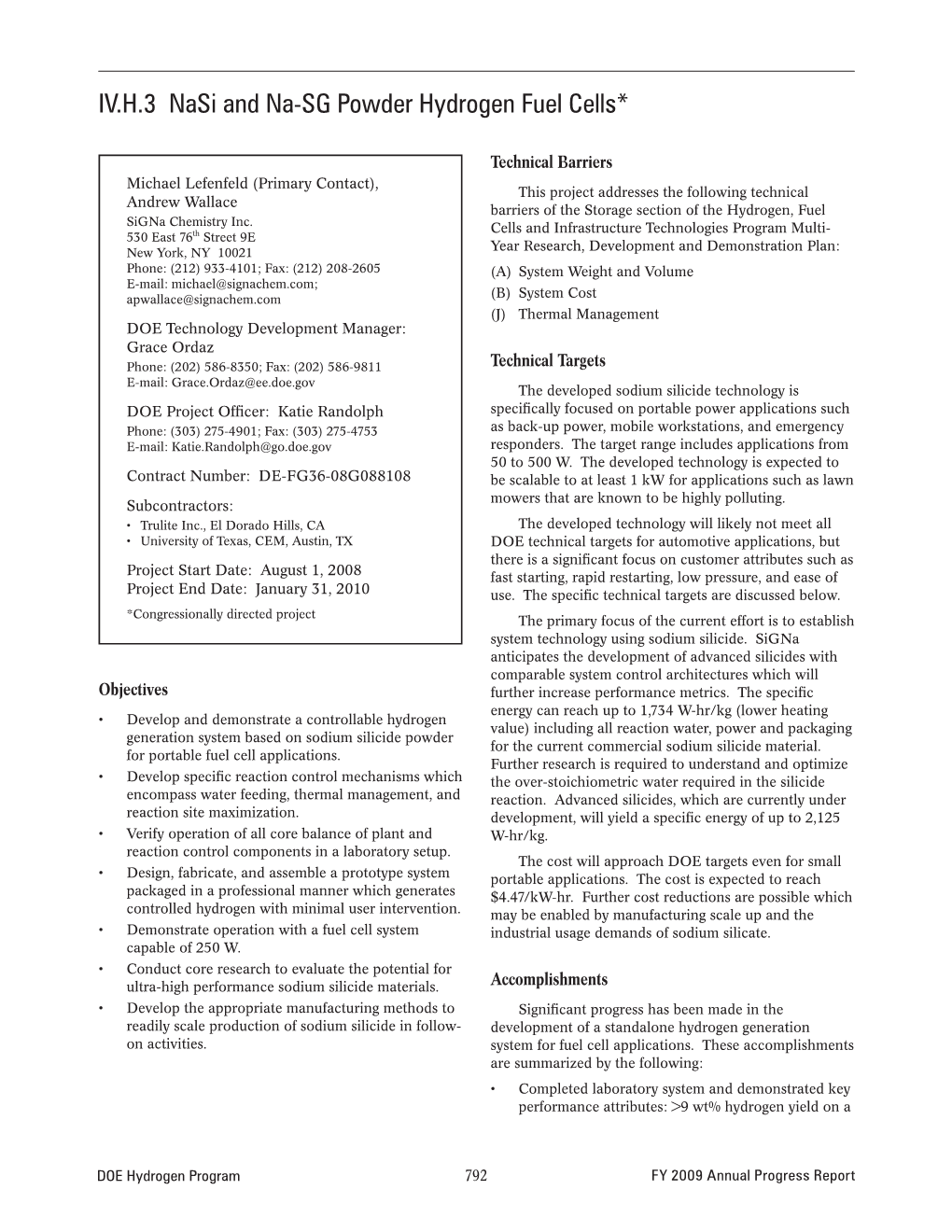 DOE Hydrogen Program FY 2009 Annual Progress Report