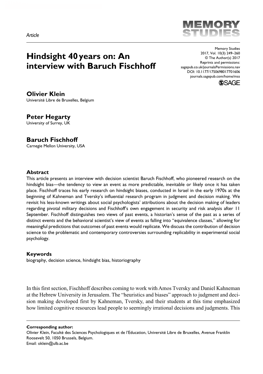 Hindsight 40 Years On: an Interview with Baruch Fischhoff