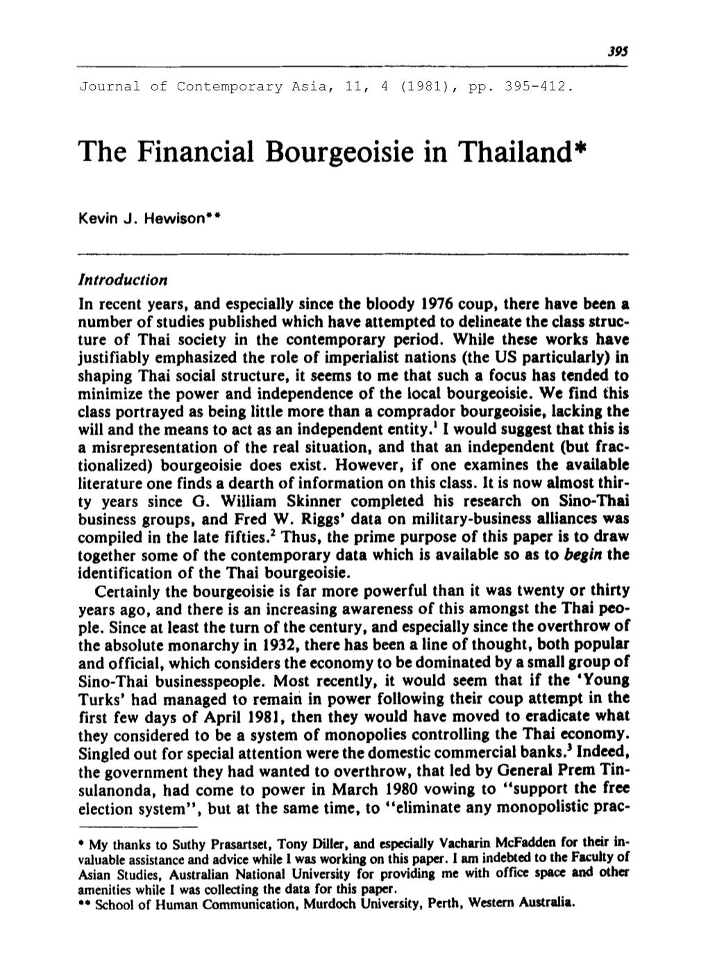 The Financial Bourgeoisie in Thailand*