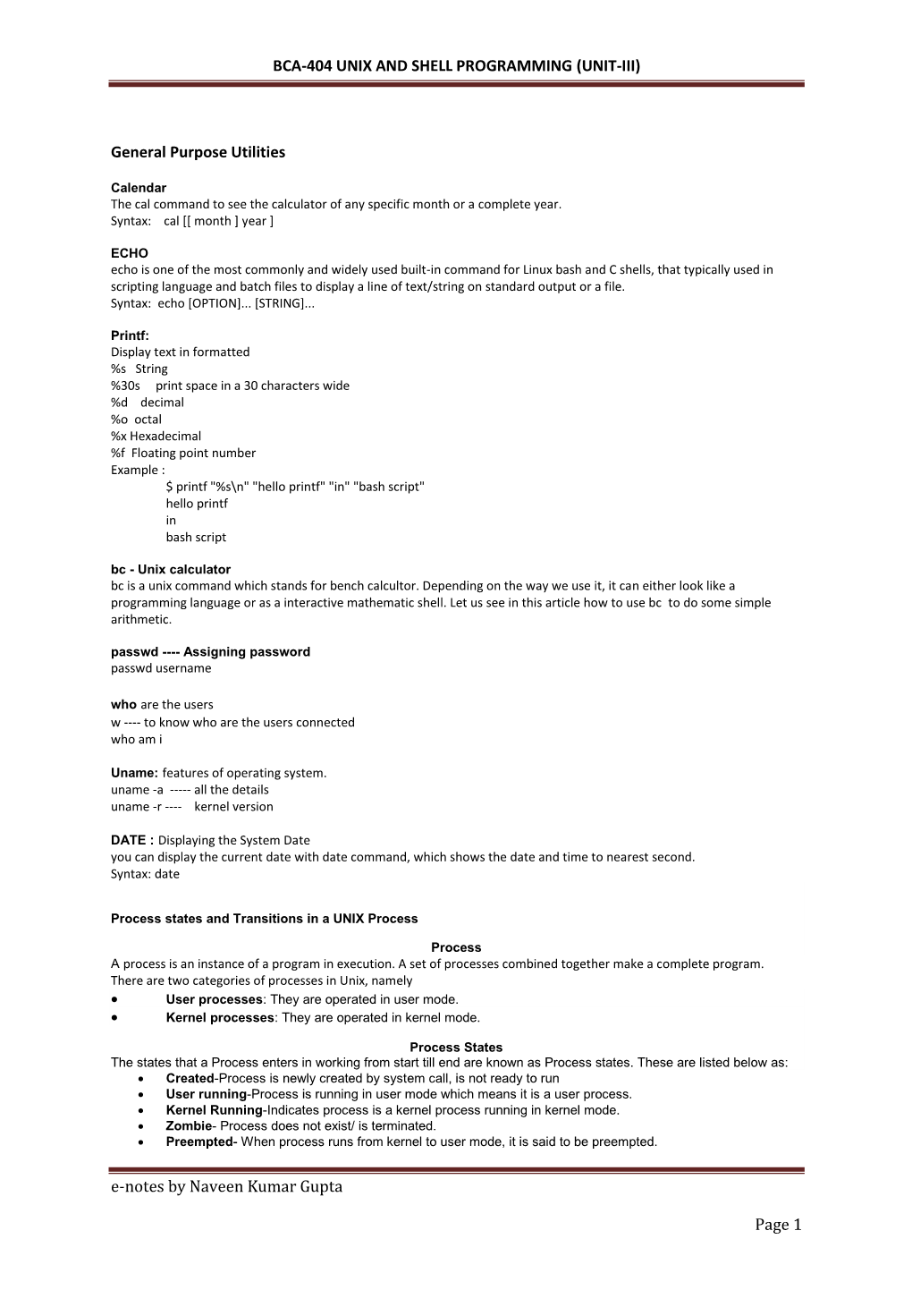 Bca-404 Unix and Shell Programming (Unit-Iii)