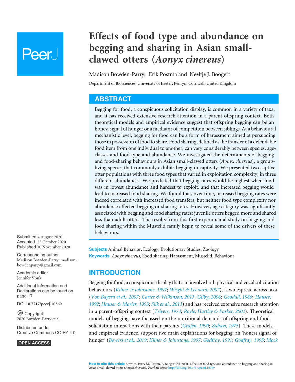 Effects of Food Type and Abundance on Begging and Sharing in Asian Small- Clawed Otters (Aonyx Cinereus)