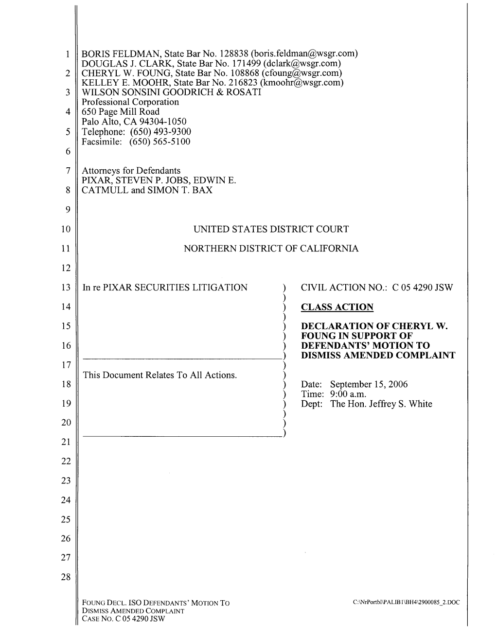 In Re: Pixar Securities Litigation 05-CV-4290-Declaration of Cheryl