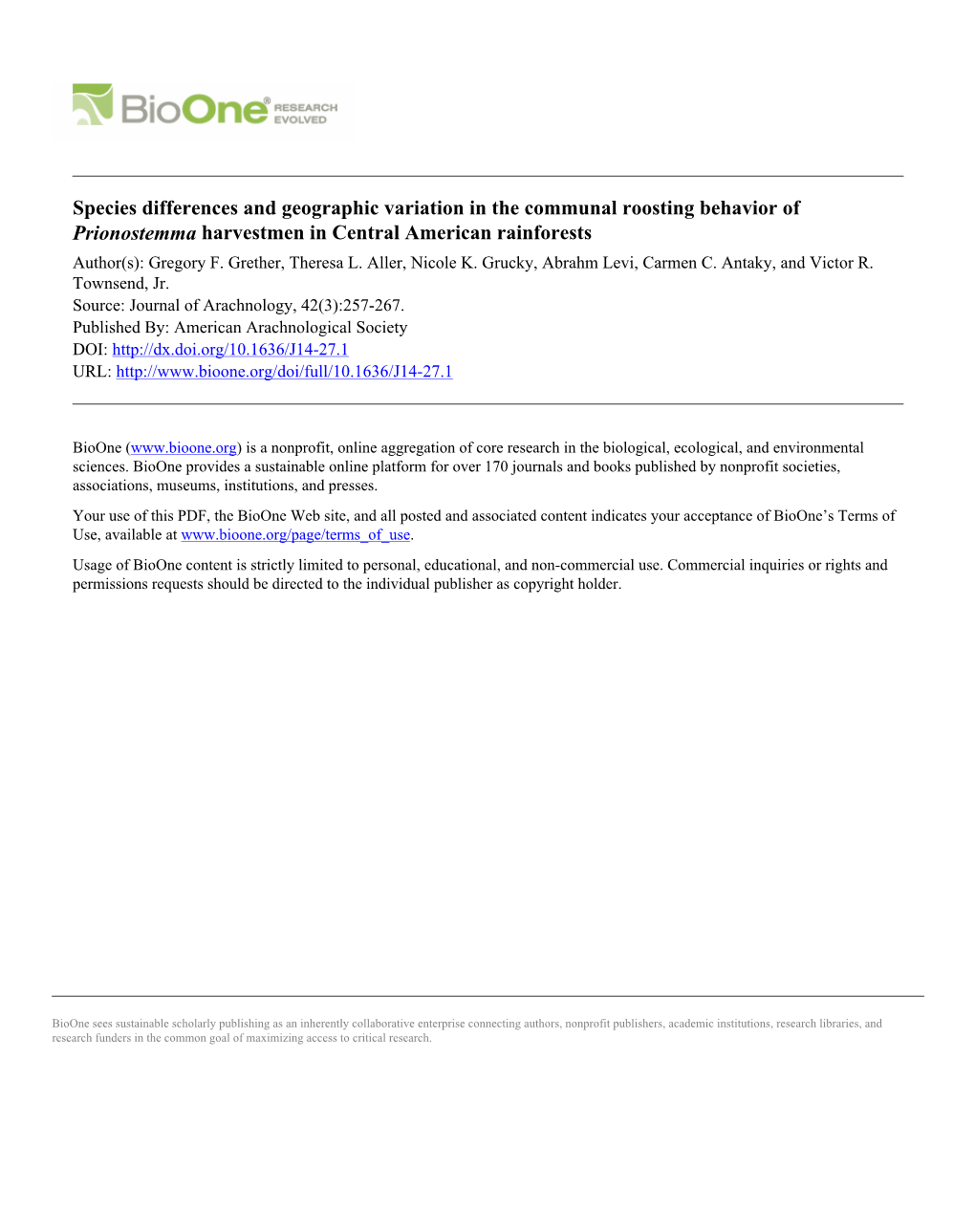 Species Differences and Geographic Variation in the Communal Roosting Behavior of Prionostemma Harvestmen in Central American Rainforests Author(S): Gregory F