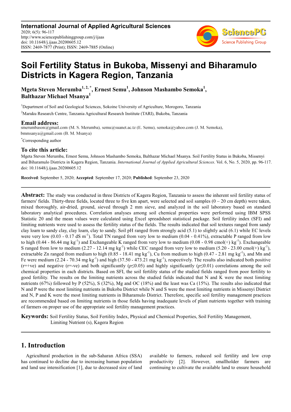 Soil Fertility Status in Bukoba, Missenyi and Biharamulo Districts in Kagera Region, Tanzania