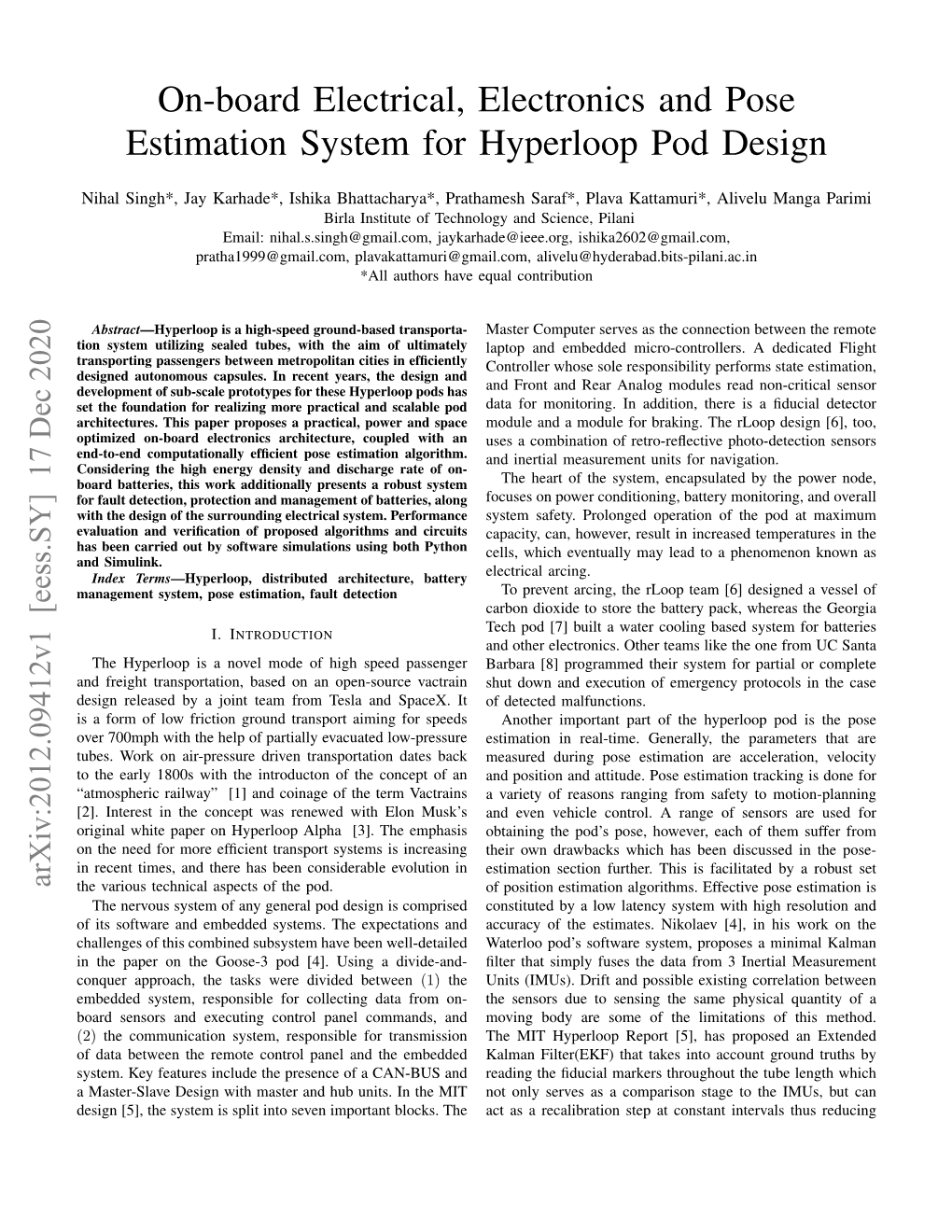 On-Board Electrical, Electronics and Pose Estimation System for Hyperloop Pod Design