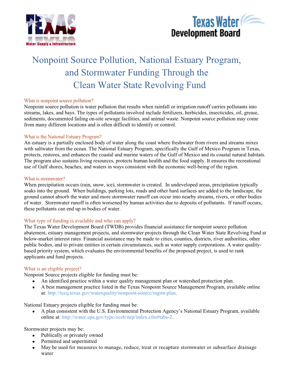 Nonpoint Source Pollution, National Estuary Program, and Stormwater Funding Through the Clean Water State Revolving Fund