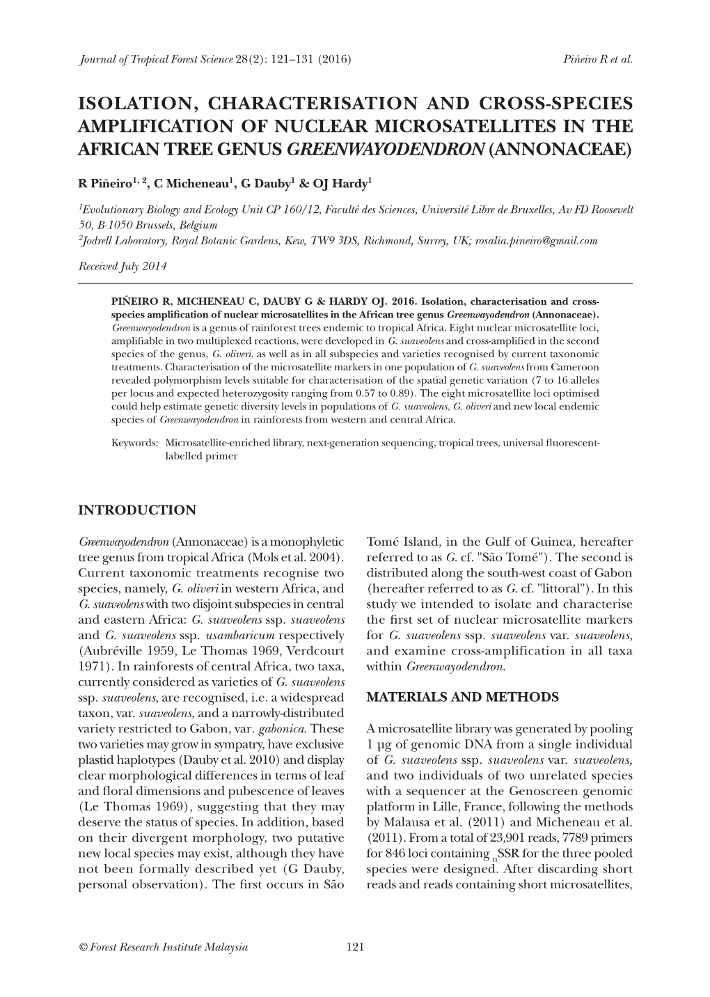 Isolation, Characterisation and Cross-Species Amplification of Nuclear Microsatellites in the African Tree Genus Greenwayodendron (Annonaceae)