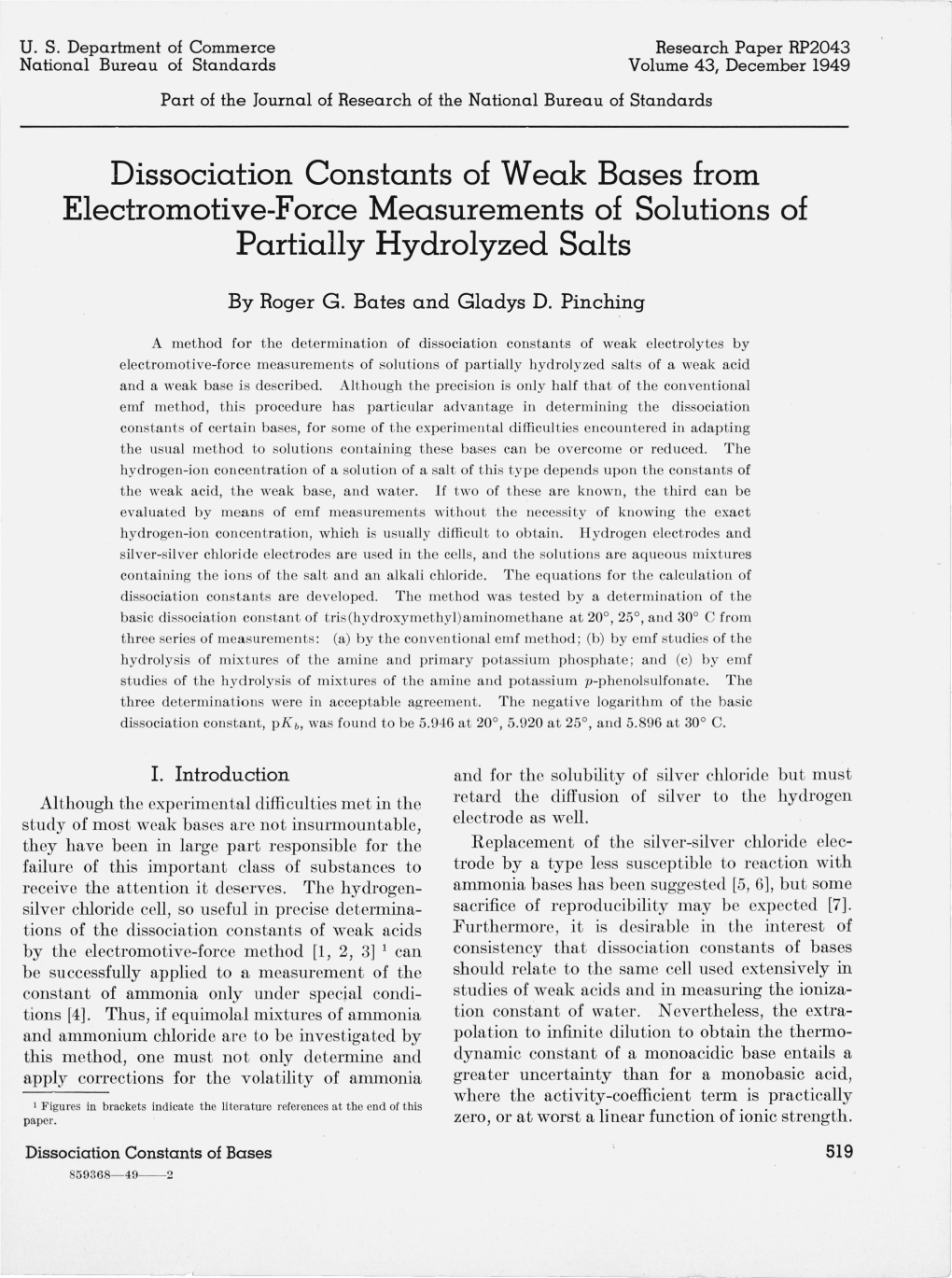 Dissociation Constants of Weak Bases from Electromotive-Force Measurements of Solutions of Partially Hydrolyzed Salts