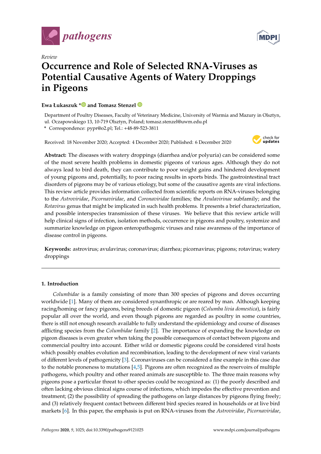 Occurrence and Role of Selected RNA-Viruses As Potential Causative Agents of Watery Droppings in Pigeons