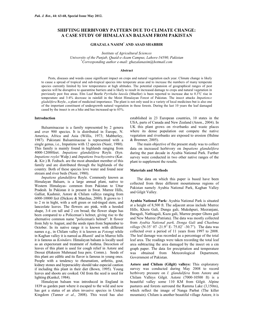 Shifting Herbivory Pattern Due to Climate Change: a Case Study of Himalayan Balsam from Pakistan