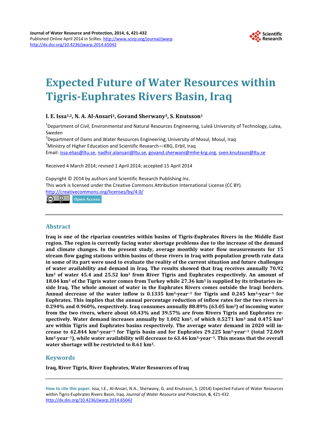 Expected Future of Water Resources Within Tigris-Euphrates Rivers Basin, Iraq