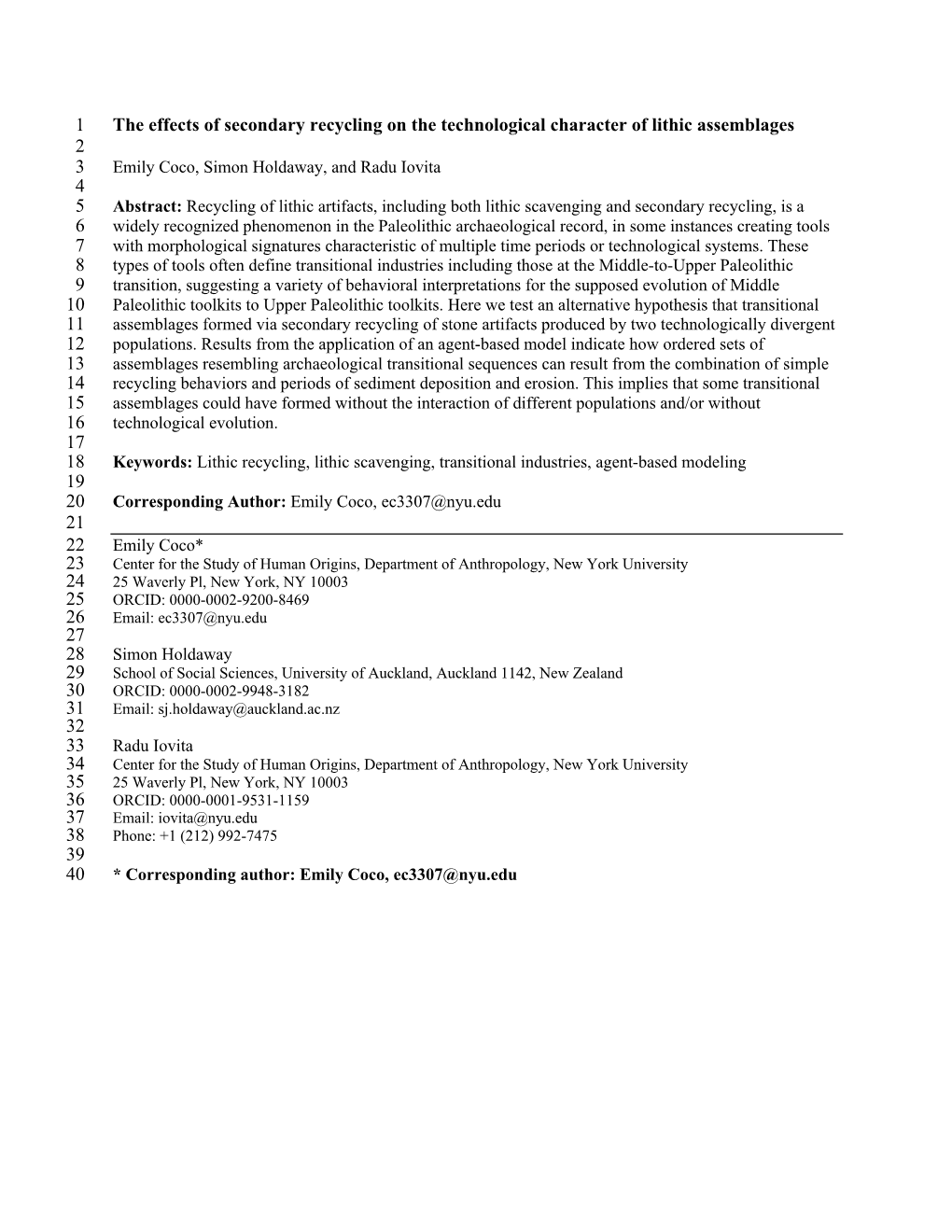 The Effects of Secondary Recycling on the Technological Character of Lithic Assemblages 1 2 3 4 5 6 7 8 9 10 11 12 13 14 15 16 1