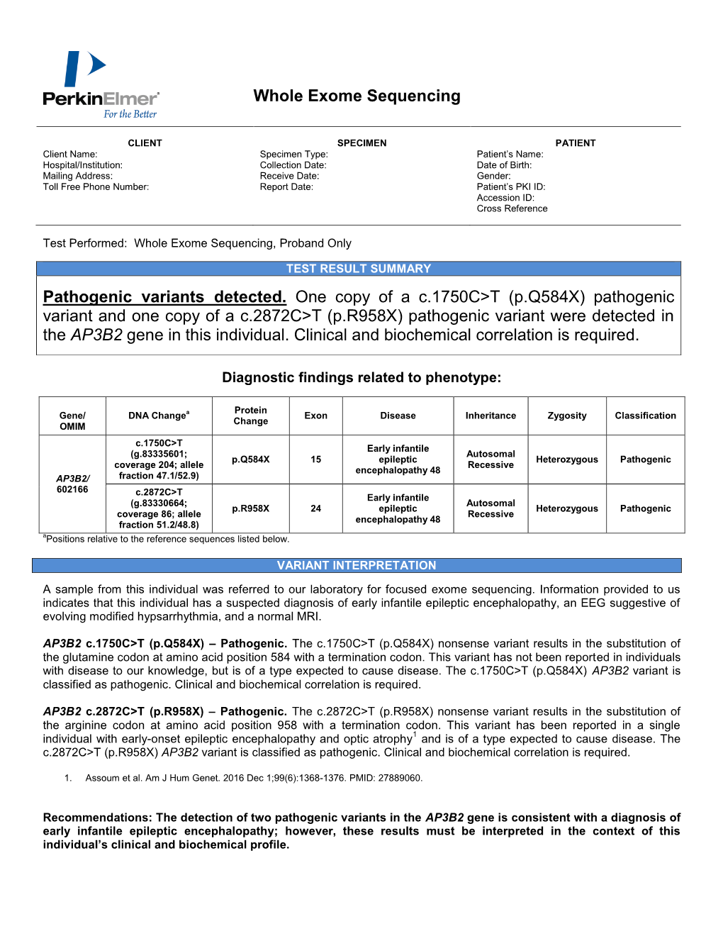 Whole Exome Sequencing Pathogenic Variants Detected. One