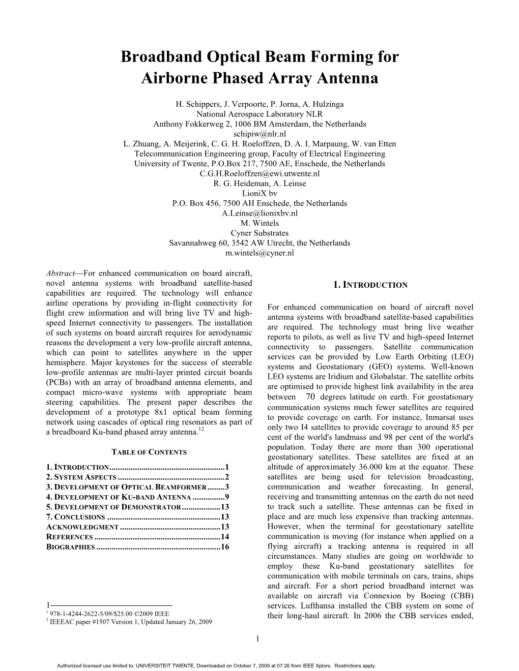 Broadband Optical Beam Forming for Airborne Phased Array Antenna