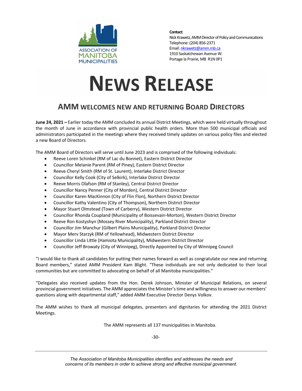 News Release Amm Welcomes New and Returning Board Directors